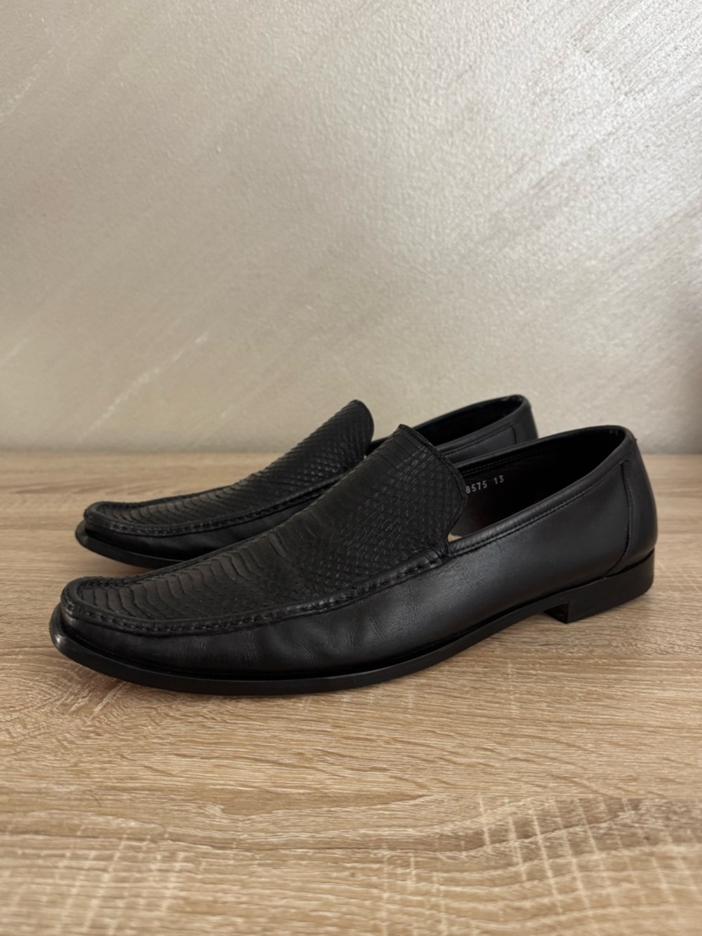 To Boot Adam Derrick NY Men 13 Black Leather Snakeskin Print Loafers Dress Shoes
